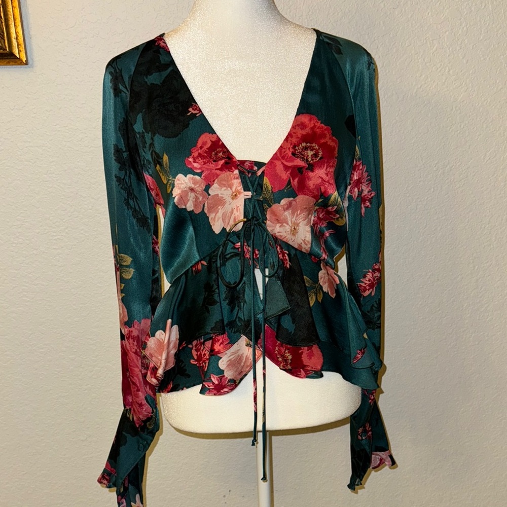 Misa Los Angeles Green and Pink Tie Front Blouse